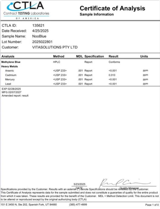 Contract Testing Laboratories of America certificate of analysis for NooBlue methylene blue