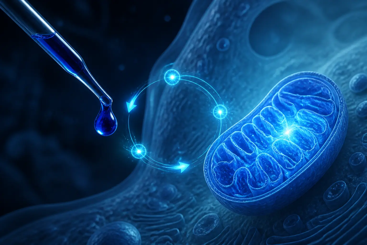 Liquid-specific redox illustration with a filled pipette, electron movement and mitochondria