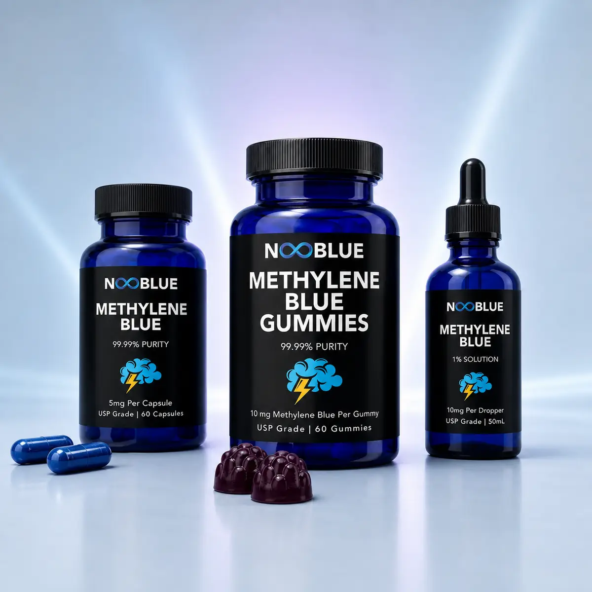 NooBlue capsules, Wild Blueberry gummies and liquid drops together