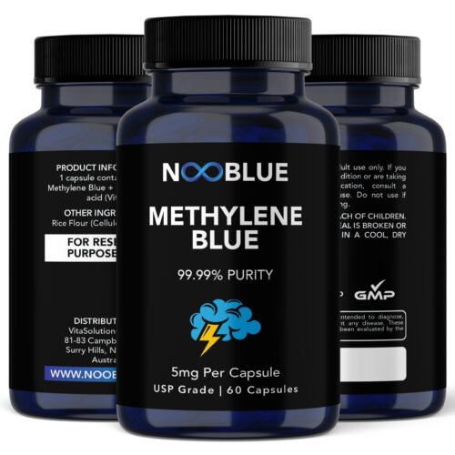 Front, ingredients and warning-label views of NooBlue methylene blue capsule bottles