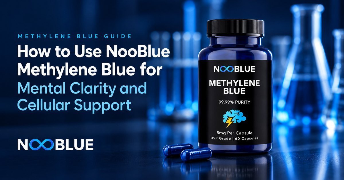 How to Use NooBlue Methylene Blue for Mental Clarity and Cellular Support – NooBlue Methylene Blue Capsules 5mg bottle