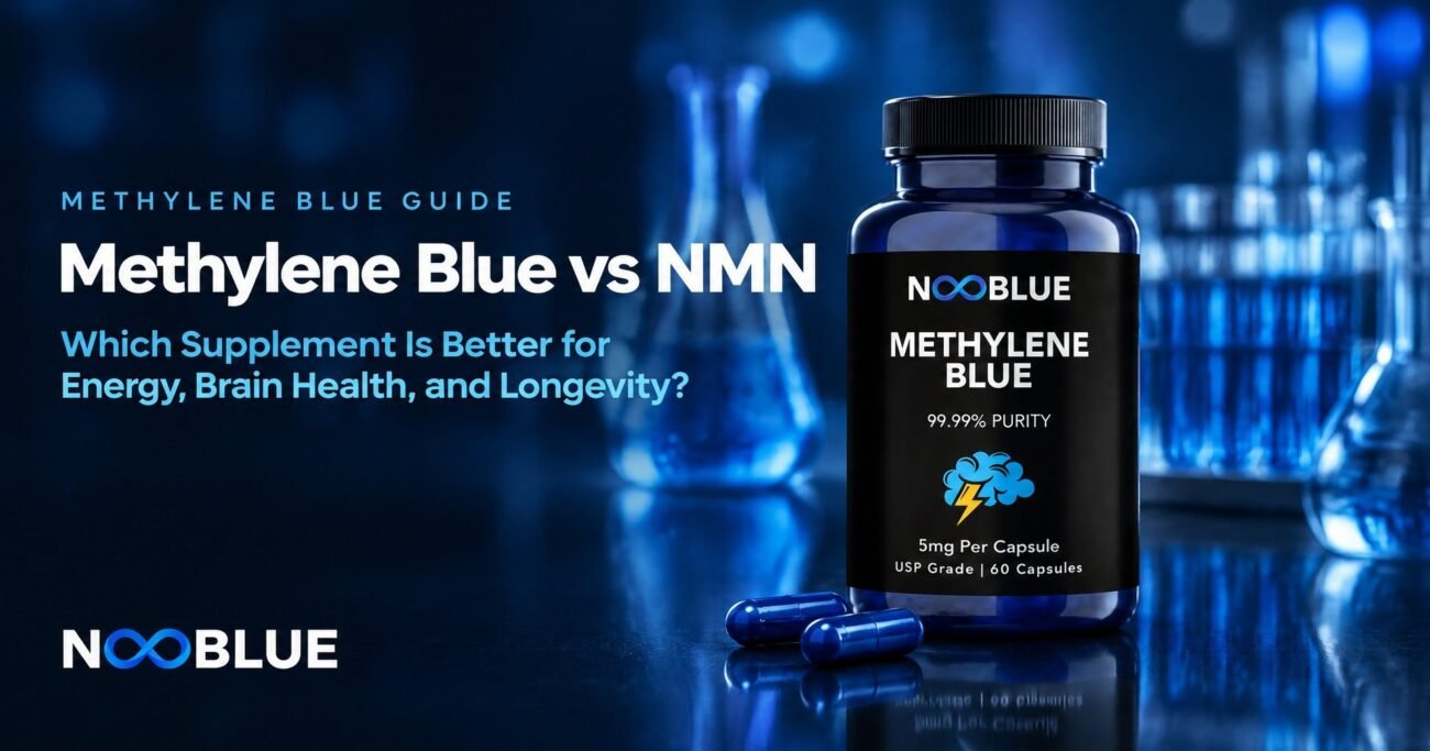 Methylene Blue vs NMN: Which Supplement Is Better for Energy, Brain Health, and Longevity? – NooBlue Methylene Blue Capsules 5mg bottle