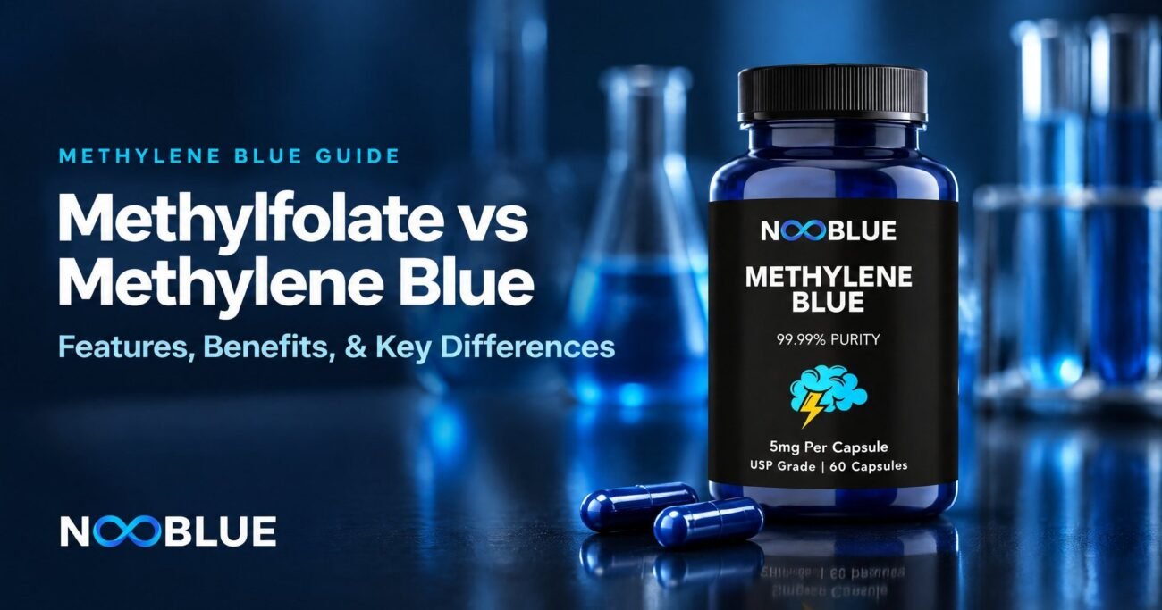 Methylfolate vs Methylene Blue - Features, Benefits, & Key Differences – NooBlue Methylene Blue Capsules 5mg bottle