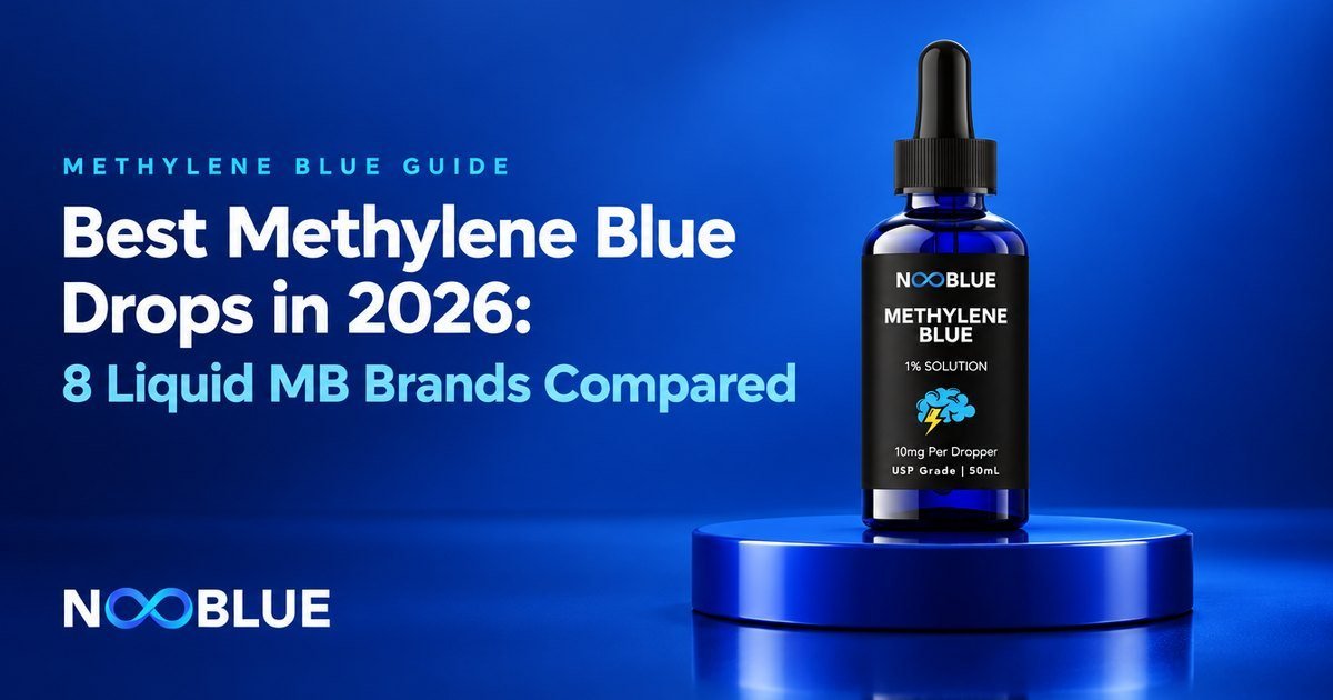 Best Methylene Blue Drops in 2026: 8 Liquid MB Brands Compared – NooBlue Methylene Blue 1% Solution dropper bottle
