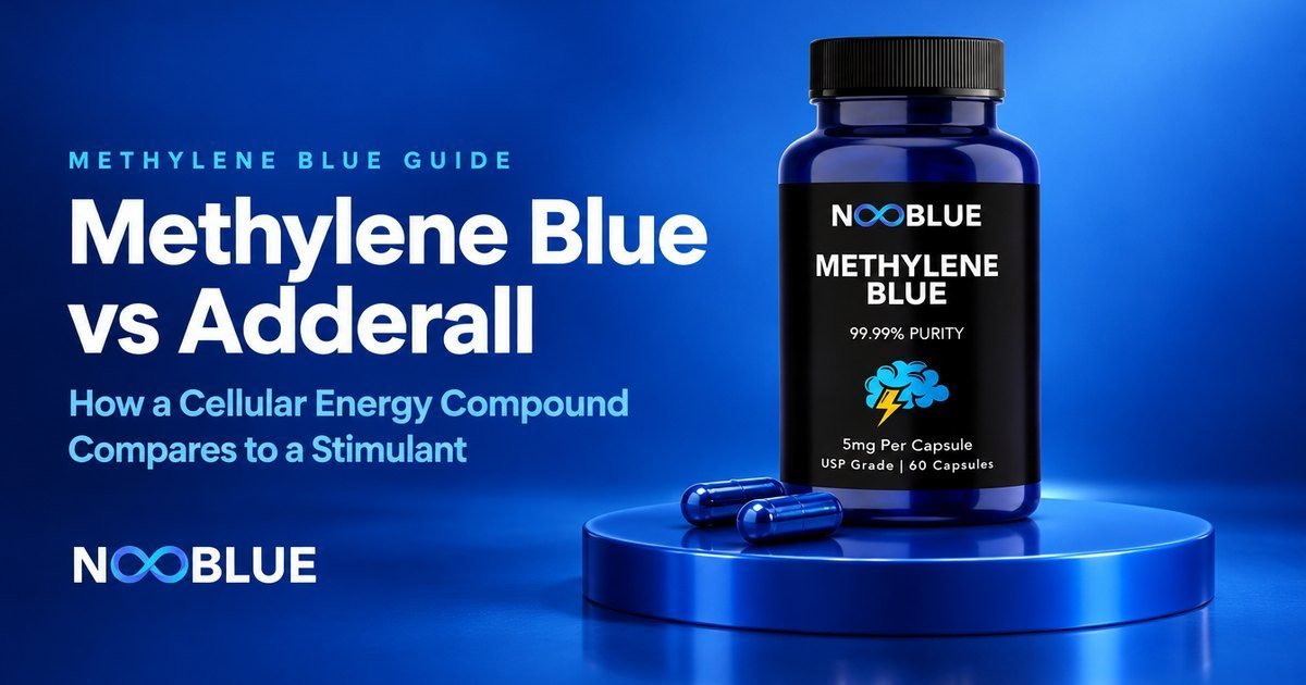 Methylene Blue vs Adderall: How a Cellular Energy Compound Compares to a Stimulant – NooBlue Methylene Blue Capsules 5mg bottle