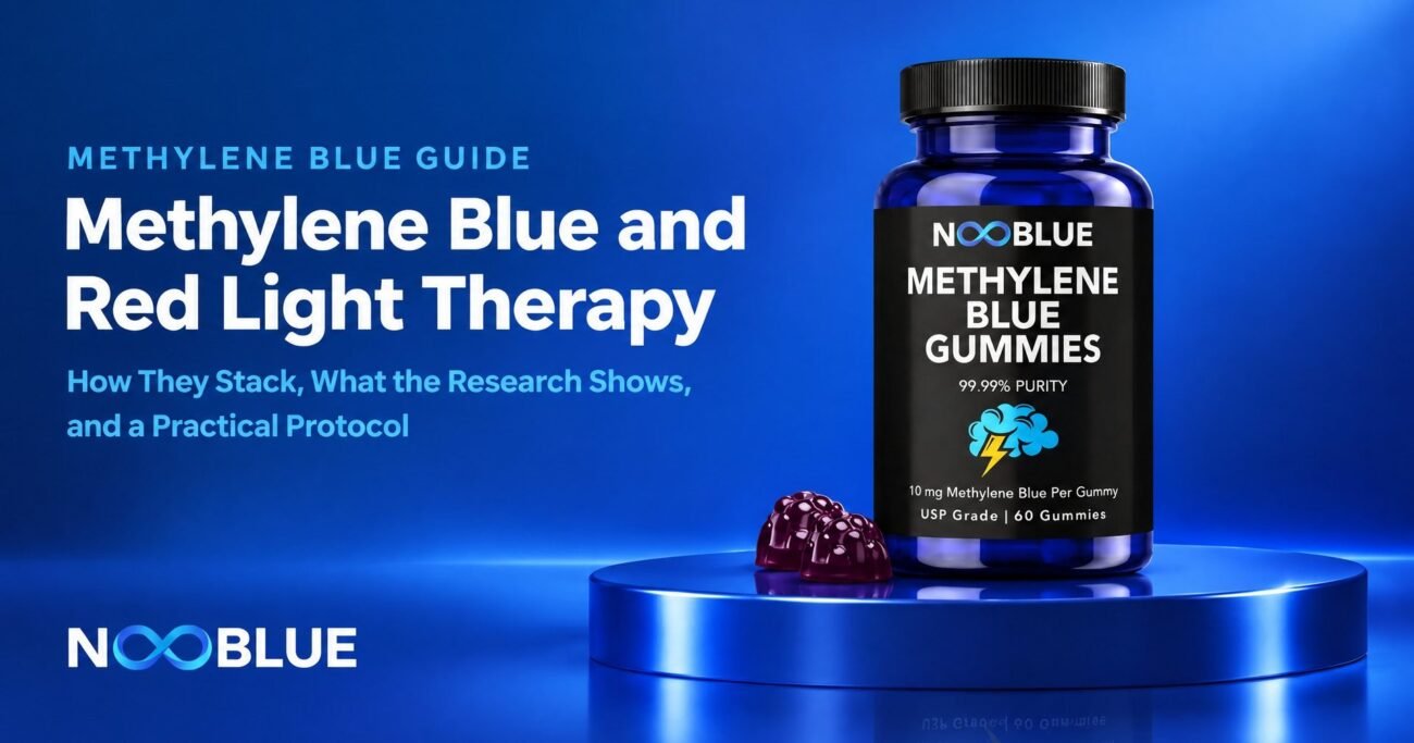 Methylene Blue and Red Light Therapy: How They Stack, What the Research Shows, and a Practical Protocol – NooBlue Methylene Blue Gummies bottle