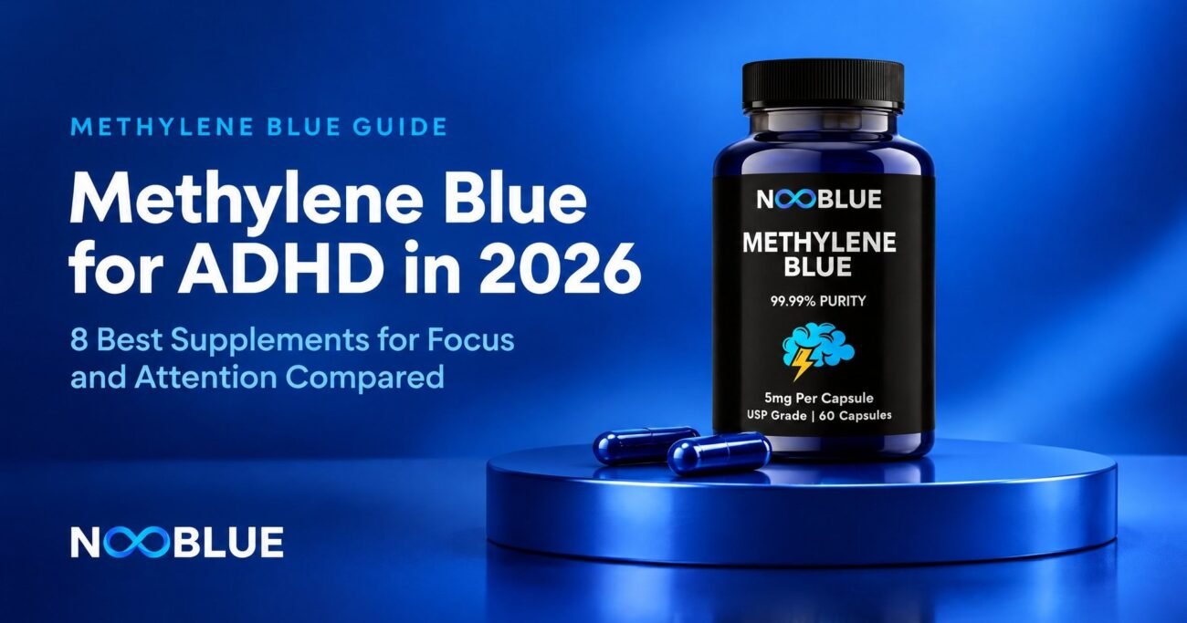 Methylene Blue for ADHD in 2026: 8 Best Supplements for Focus and Attention Compared – NooBlue Methylene Blue Capsules 5mg bottle