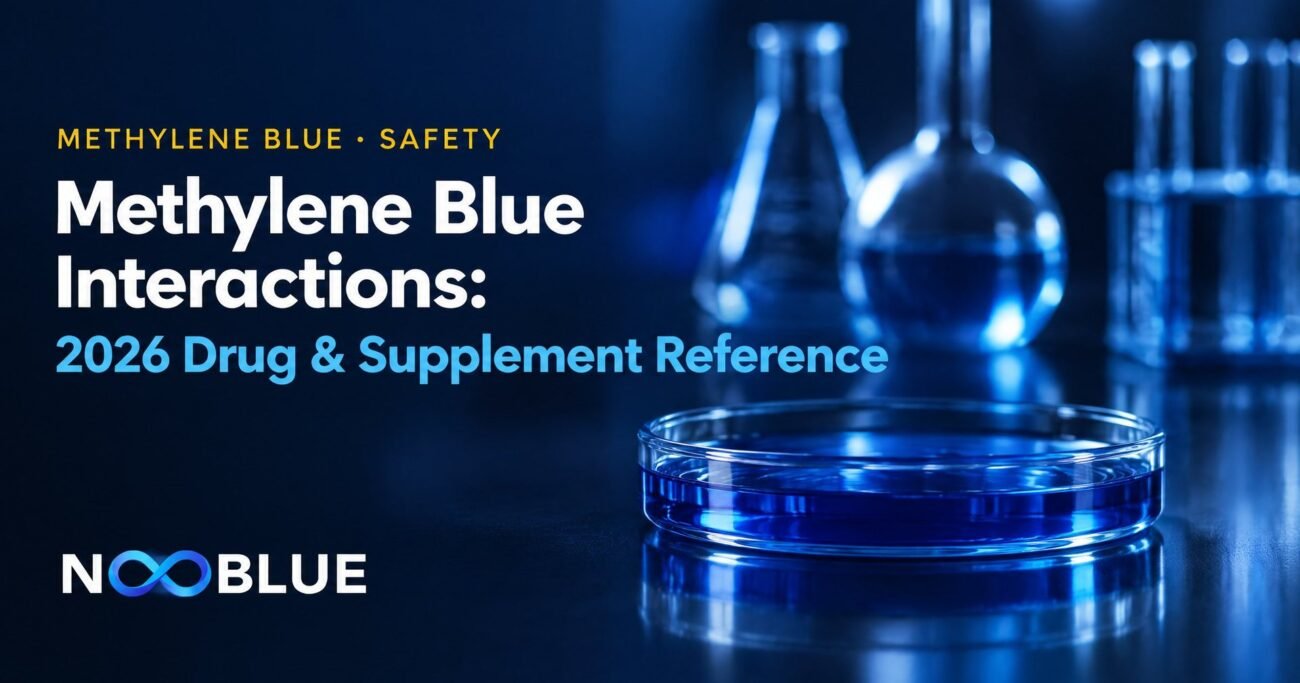 Methylene Blue Interactions: 2026 Drug & Supplement Reference – NooBlue methylene blue safety guide with laboratory glassware