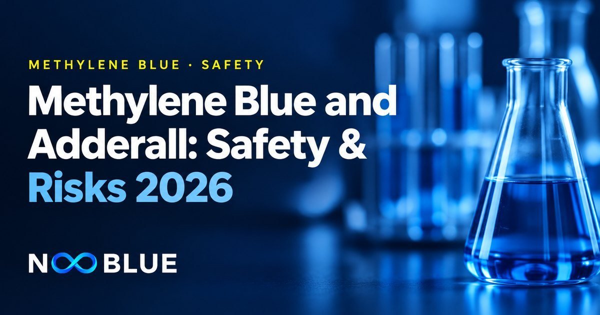 Methylene Blue and Adderall: Safety & Risks 2026 – NooBlue methylene blue safety guide with laboratory glassware