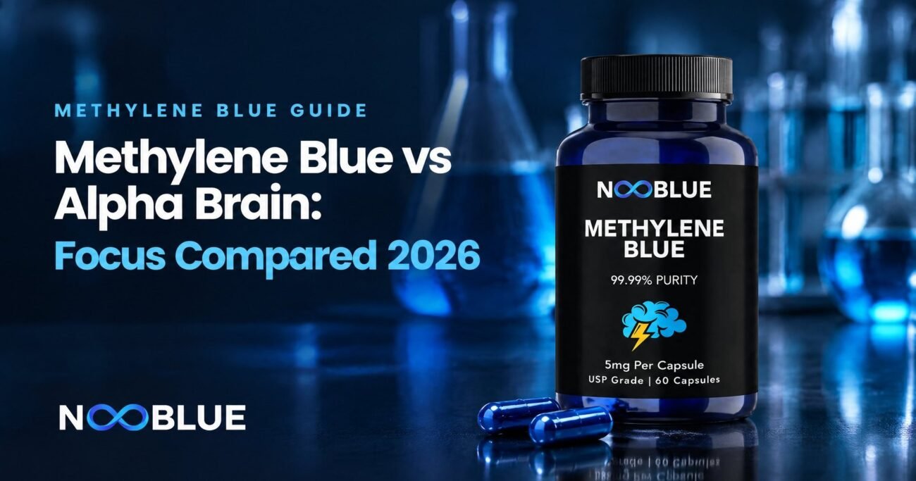 Methylene Blue vs Alpha Brain: Focus Compared 2026 – NooBlue Methylene Blue Capsules 5mg bottle
