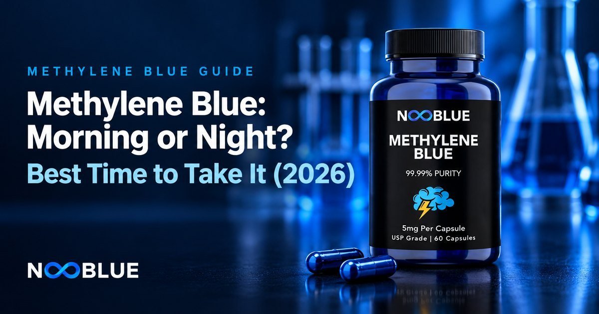 Methylene Blue: Morning or Night? Best Time to Take It (2026) – NooBlue Methylene Blue Capsules 5mg bottle