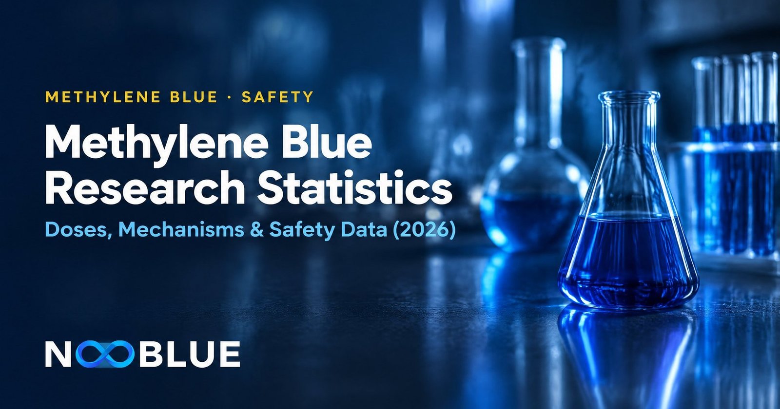 Methylene Blue Research Statistics: Doses, Mechanisms & Safety Data (2026) – NooBlue methylene blue safety guide with laboratory glassware