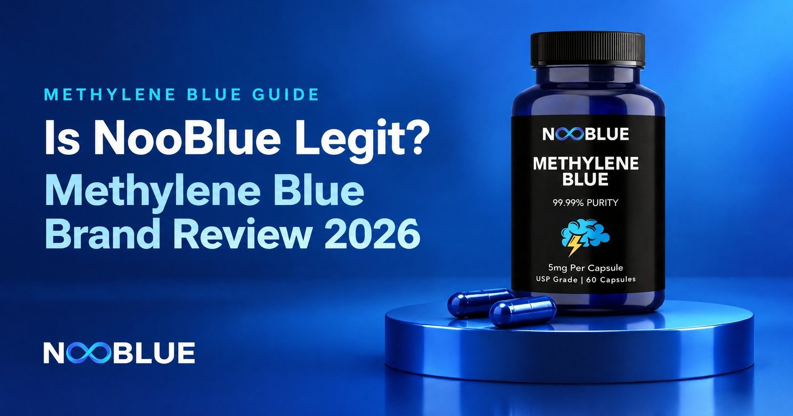 Is NooBlue Legit? Methylene Blue Brand Review 2026 – NooBlue Methylene Blue Capsules 5mg bottle