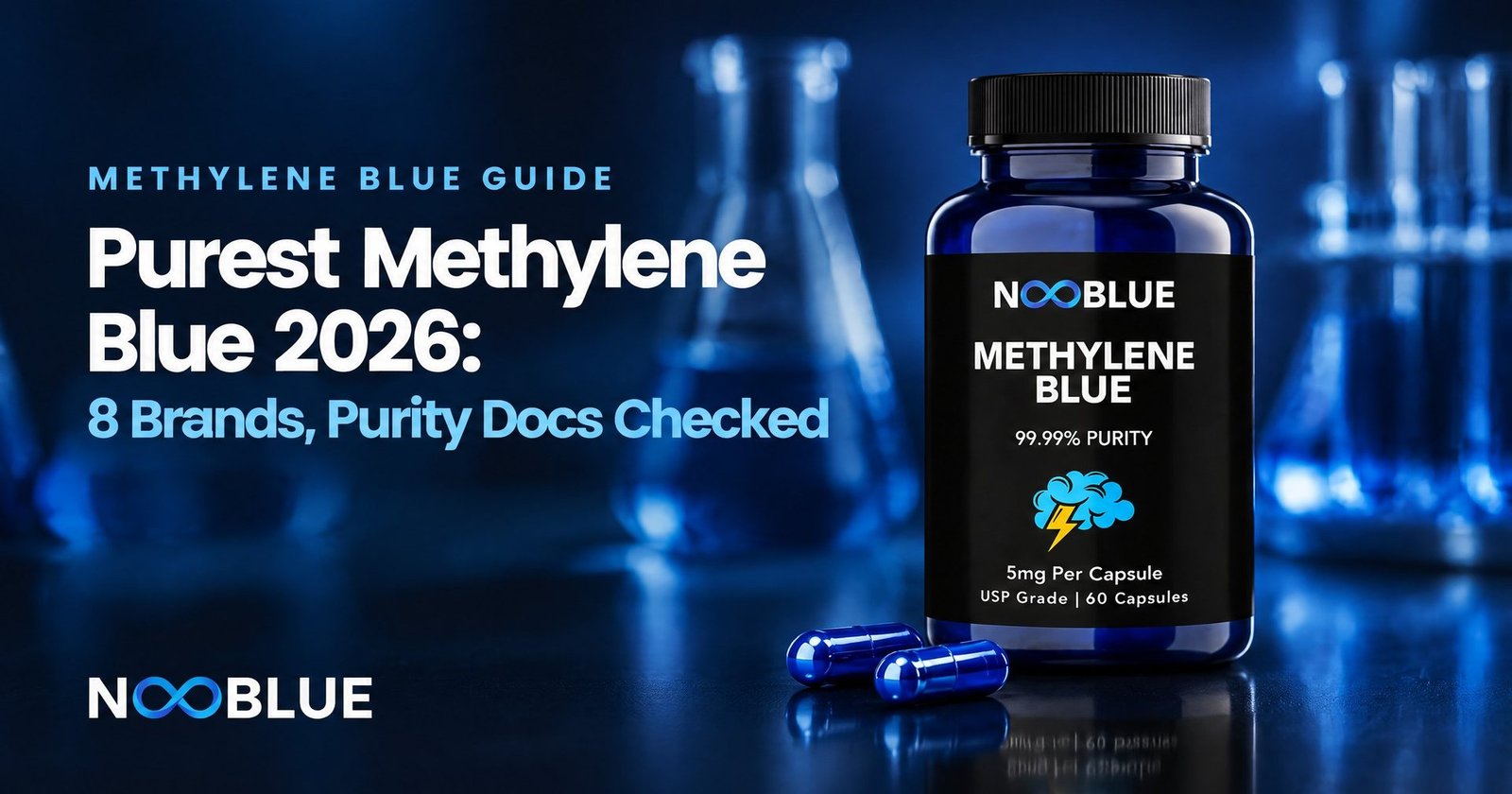 Purest Methylene Blue 2026: 8 Brands, Purity Docs Checked – NooBlue Methylene Blue Capsules 5mg bottle