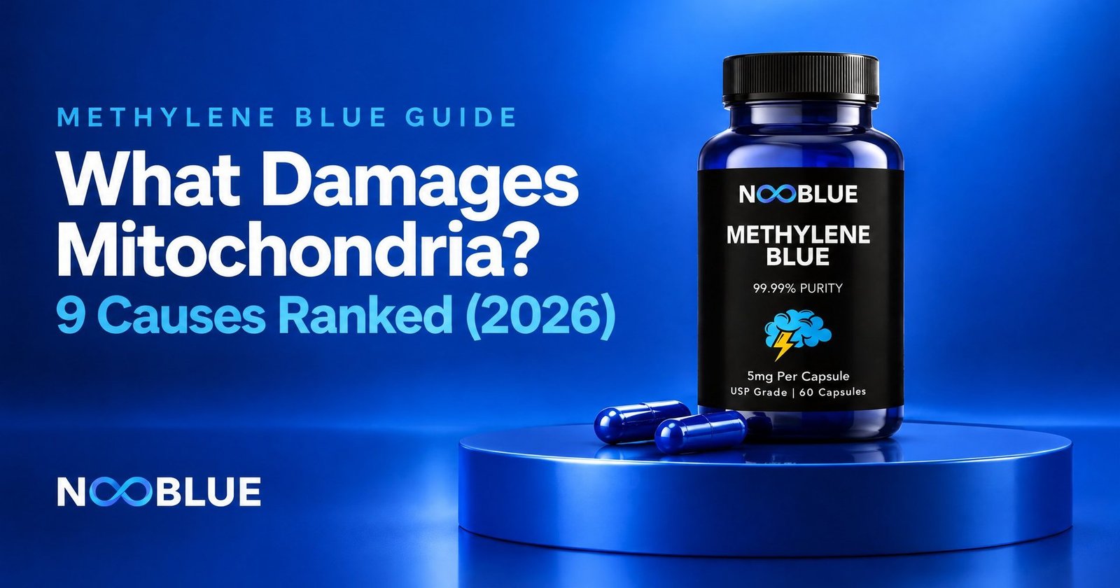 What Damages Mitochondria? 9 Causes Ranked (2026) – NooBlue Methylene Blue Capsules 5mg bottle